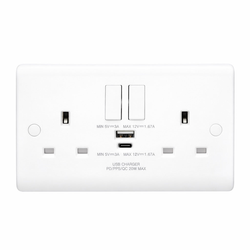 Volex D1500USBCNR Casa Socket 2 Gang SP Switched USB Socket Type A & C 13A 20W (White