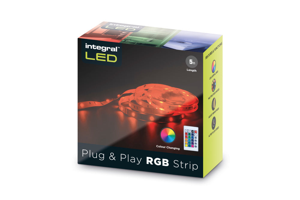 RGB PLUG AND PLAY LED STRIP KITS IP20 5M 4.5W/M 30LED/M 10MM WIDTH 120 BEAM BOX PACK WITH IR CONTROLLER UK PLUG INTEGRAL - ILSTRGBA159B