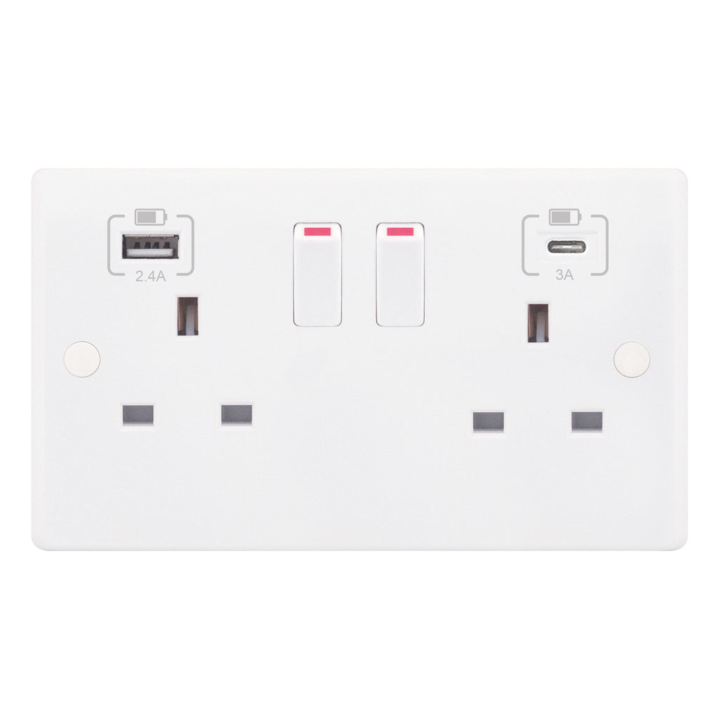 2 Gang Switched with 1 x USB Type A & 1 x USB Type C Ports (2.4A / 3A) SSL584