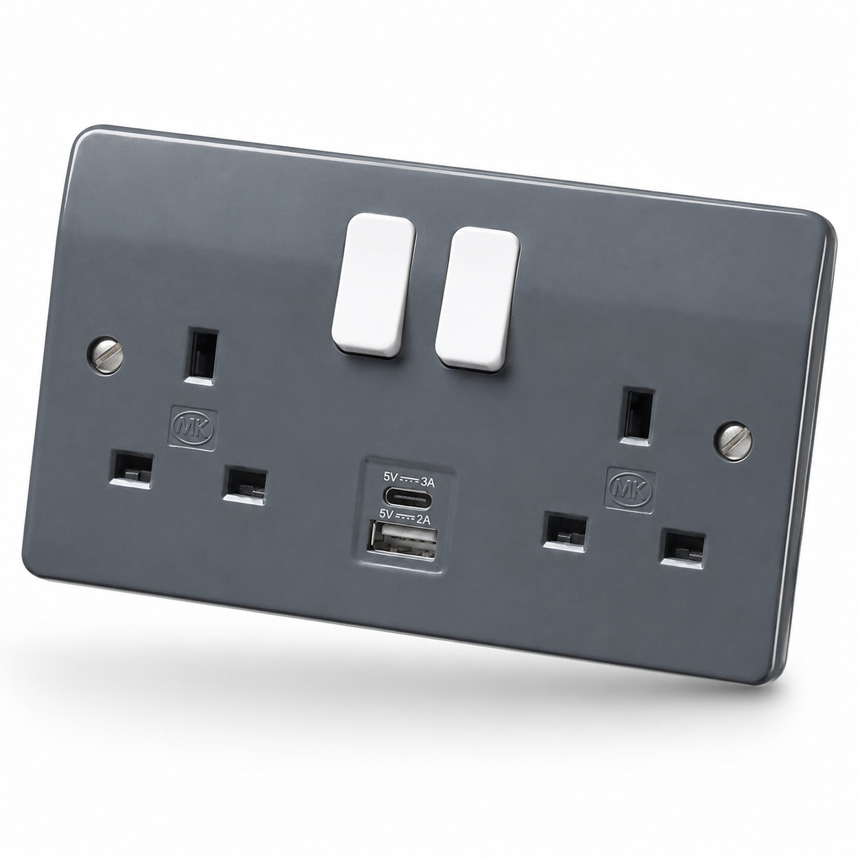2 Gang Double Pole Switched Socket With 1 x USB-A, 1 x USB-C Ports 13A K2745WHI Logic + Greyy