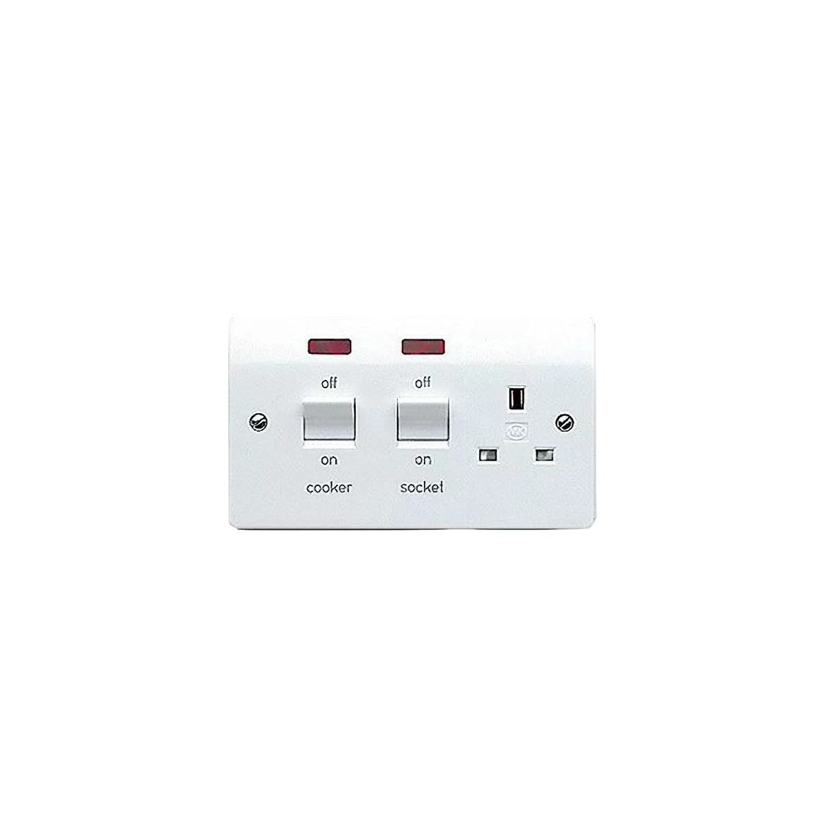 MK Electric K5061WHI Logic Plus White Moulded Double Pole Flush Mounting Cooker Control Unit With 13A Switchsocket & Neons 45A - product image