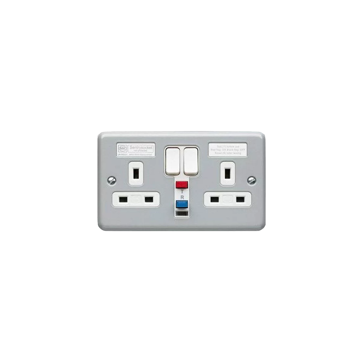 MK Electric K6231ALM Metalclad Plus Metalclad Sentry Socket 2 Gang Non-Latching (Active) RCD Socket With Manual Reset & Test Button 13A 30mA - product image