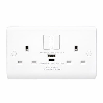 Volex D1500USBCNR Casa Socket 2 Gang SP Switched USB Socket Type A & C 13A 20W (White
