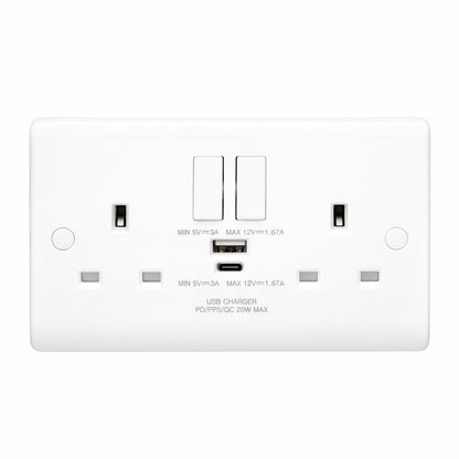 Volex D1500USBCNR Casa Socket 2 Gang SP Switched USB Socket Type A & C 13A 20W (White