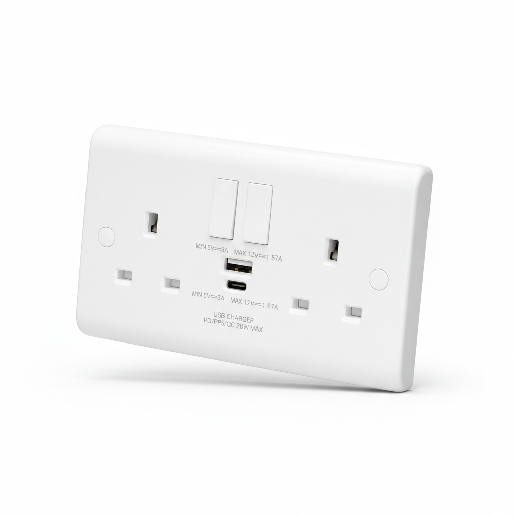 Volex D1500USBCNR Casa Socket 2 Gang SP Switched USB Socket Type A & C 13A 20W (White