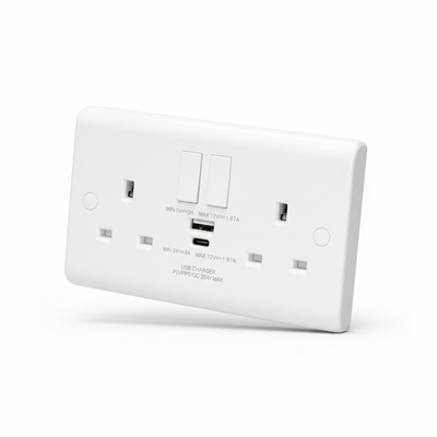 Volex D1500USBCNR Casa Socket 2 Gang SP Switched USB Socket Type A & C 13A 20W (White