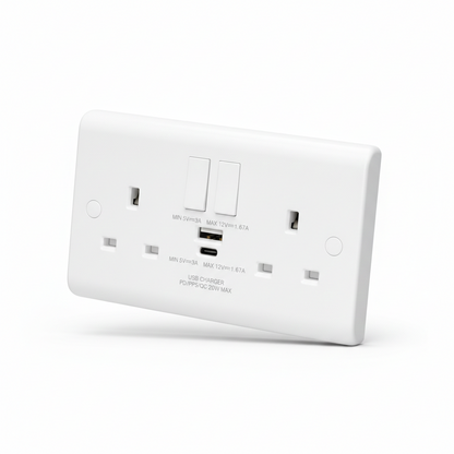 Volex D1500USBCNR Casa Socket 2 Gang SP Switched USB Socket Type A & C 13A 20W (White