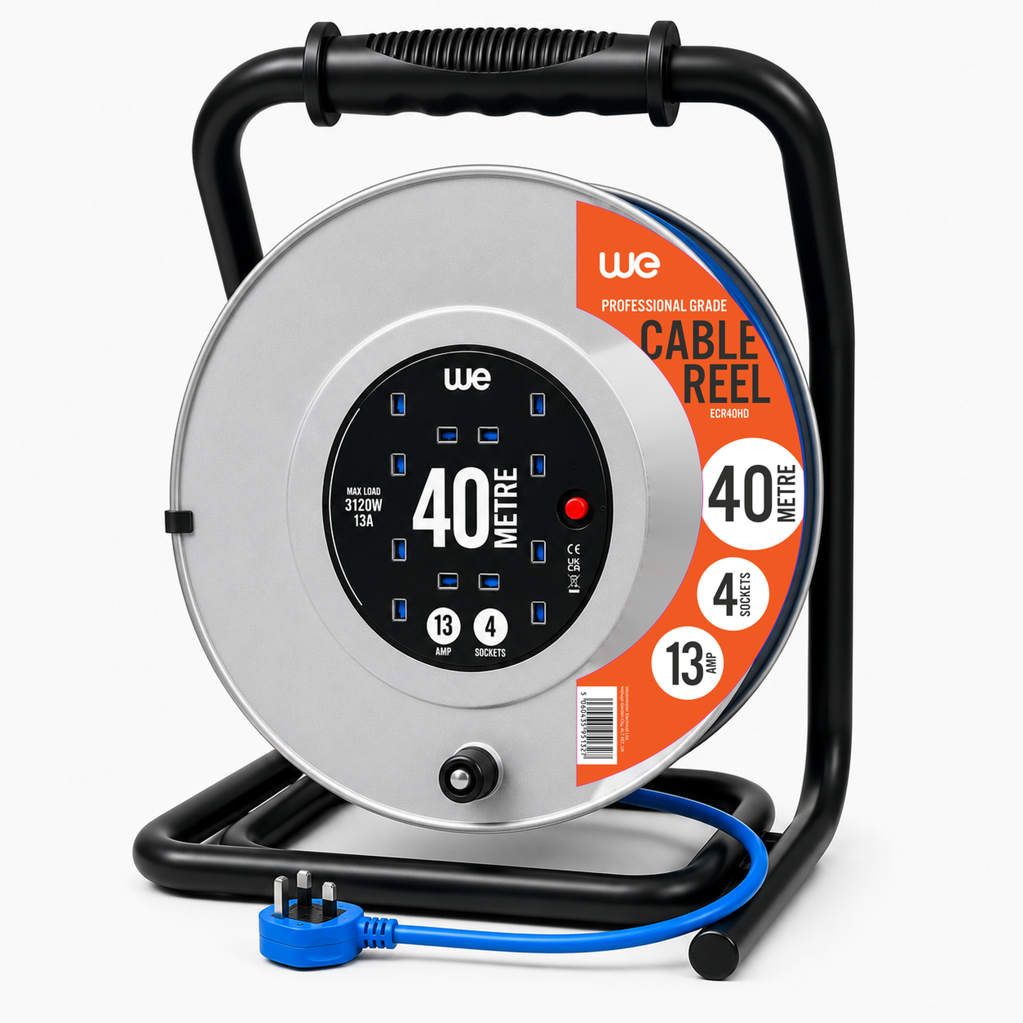 40m 13A Professional Heavy-Duty Cable Reel – 4 Socket ECR40HD