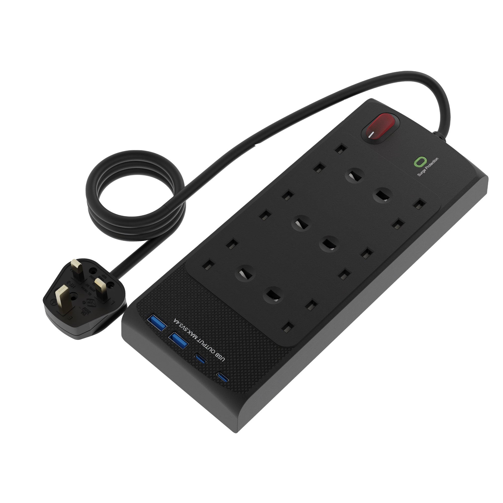 All in 1 Power Center - 6 socket 2m lead with 2xC 2xA and 45W Fast Charge EL6GUSB