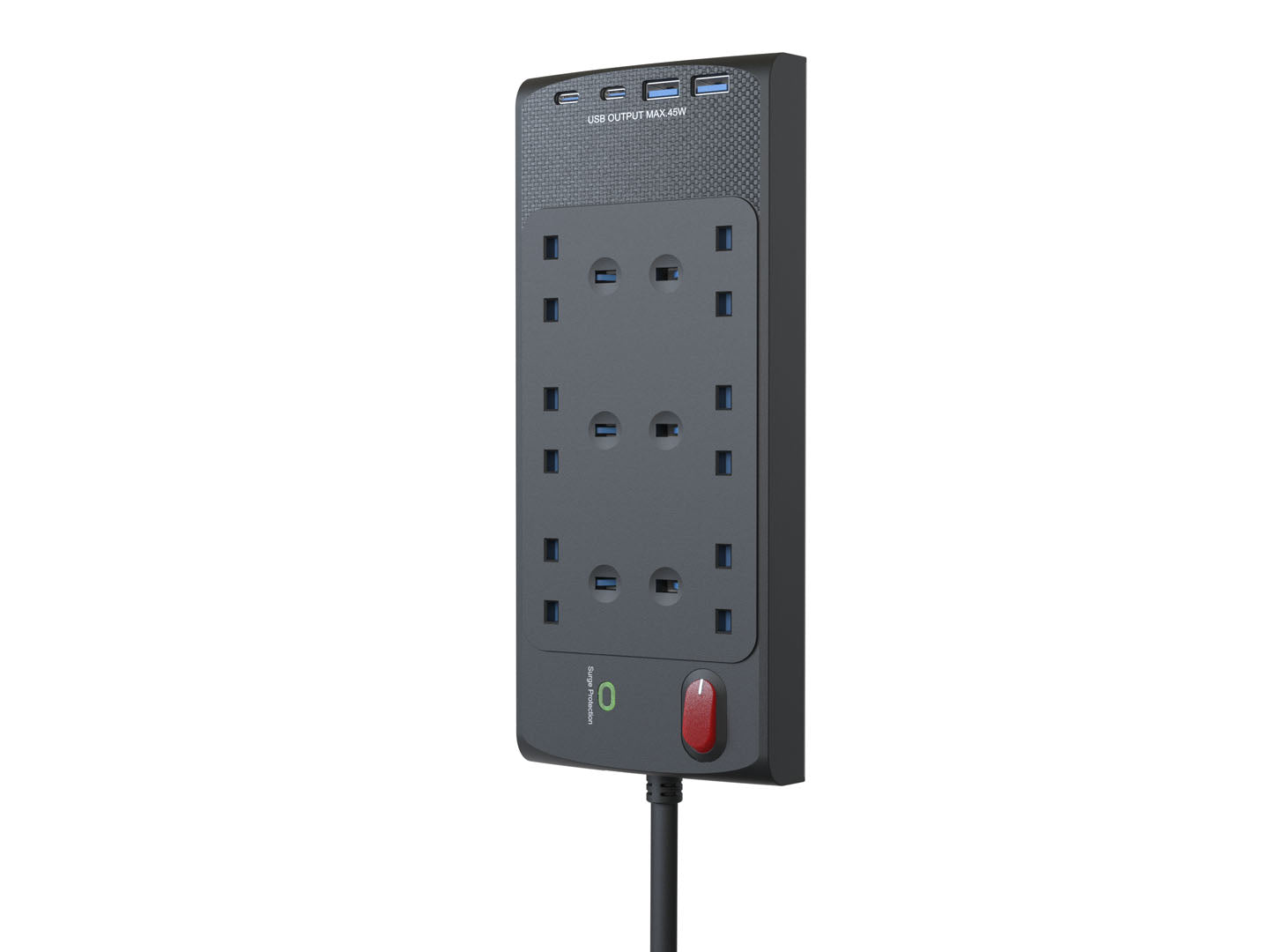 All in 1 Power Center - 6 socket 2m lead with 2xC 2xA and 45W Fast Charge EL6GUSB
