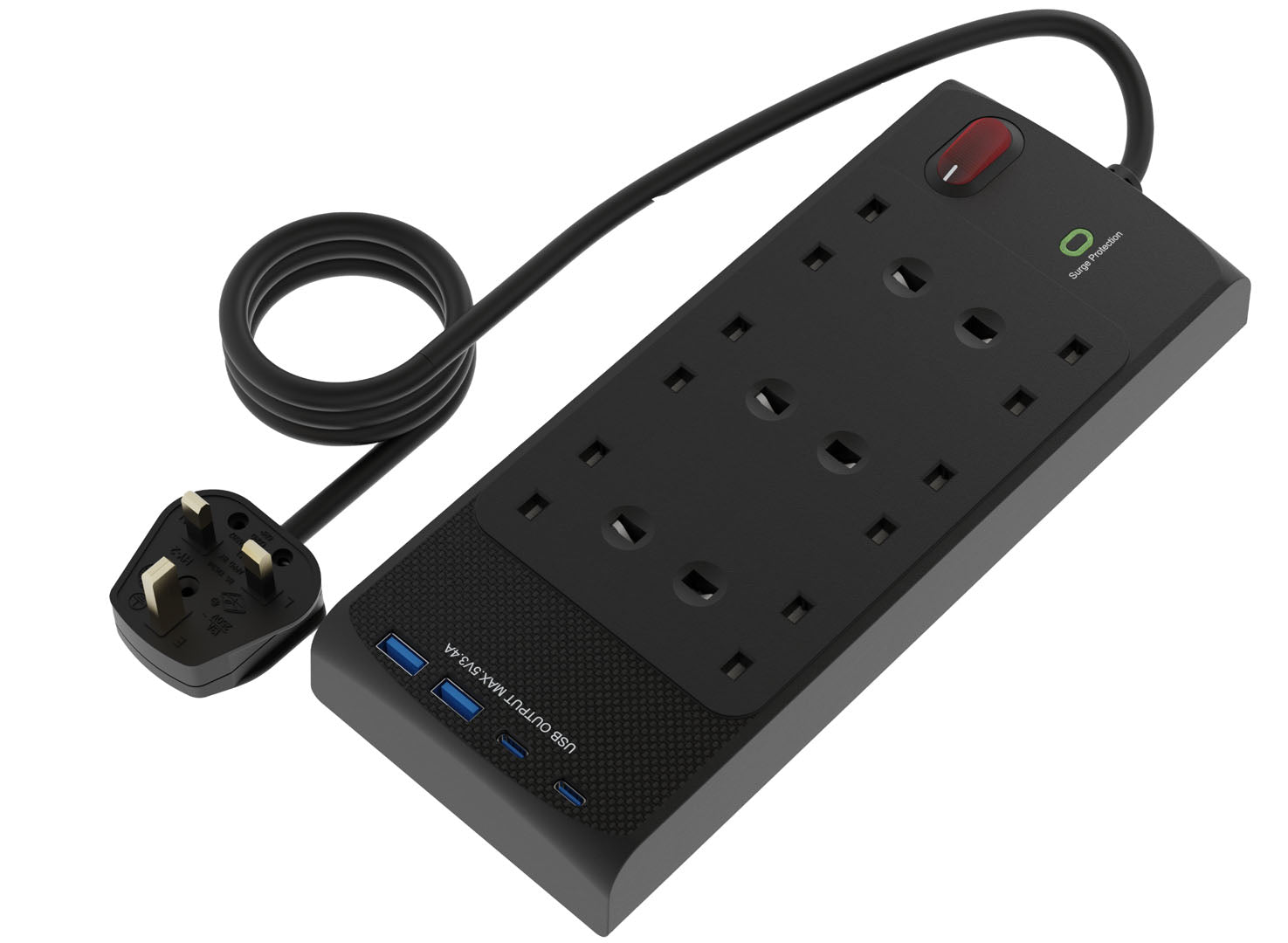All in 1 Power Center - 6 socket 2m lead with 2xC 2xA and 45W Fast Charge EL6GUSB