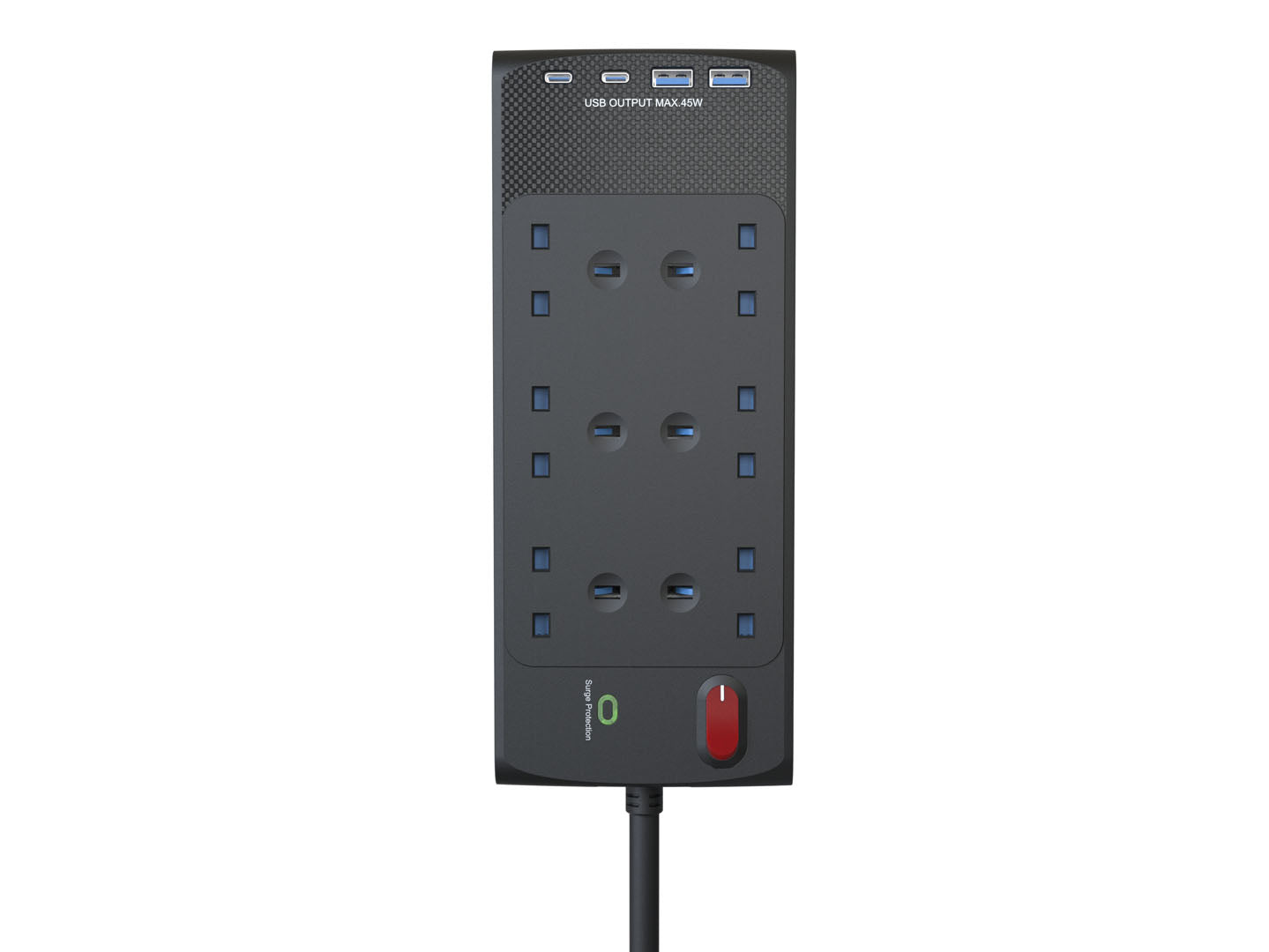 All in 1 Power Center - 6 socket 2m lead with 2xC 2xA and 45W Fast Charge EL6GUSB