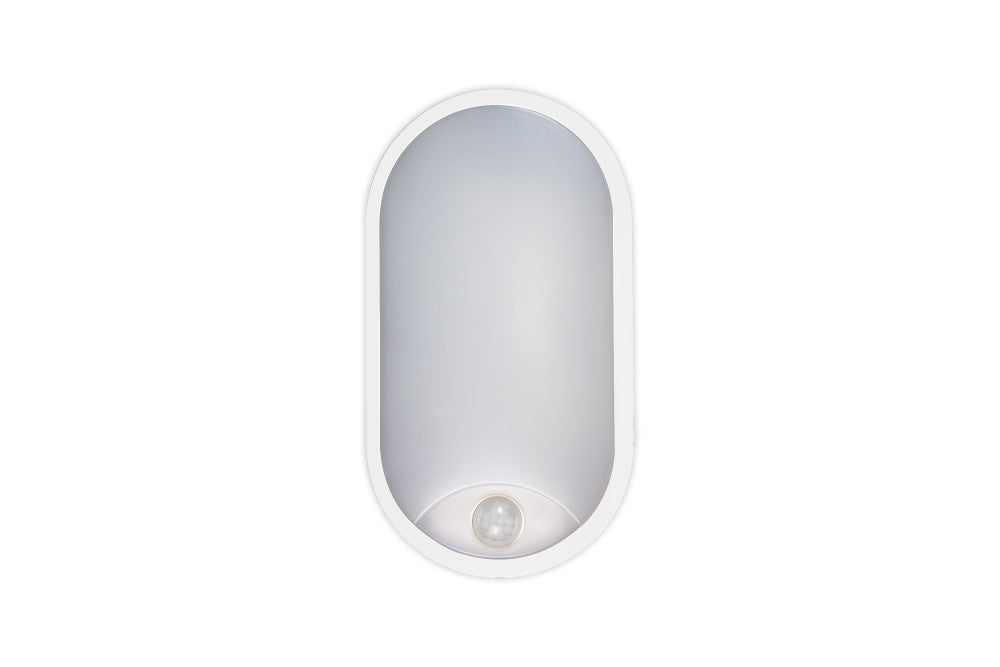 TOUGH SHELL COMPACT OVAL PIR BULKHEAD 213X120MM 10W 1100LM 3000/4000/6000K SWITCHABLE CCT IP65 IK10 110LM/W INLUDING WHITE AND BLACK BEZELS INTEGRAL LED (ILBHP002)