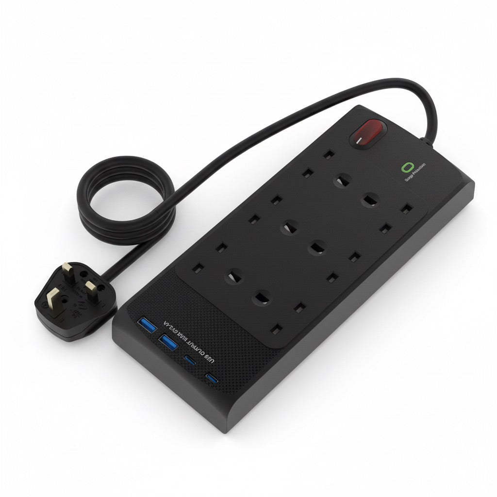 All in 1 Power Center - 6 socket 2m lead with 2xC 2xA and 45W Fast Charge EL6GUSB