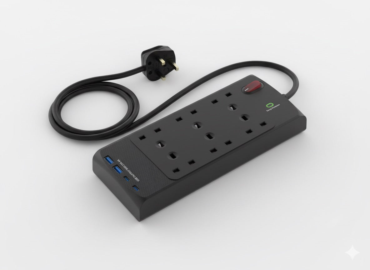 All in 1 Power Center - 6 socket 2m lead with 2xC 2xA and 45W Fast Charge EL6GUSB