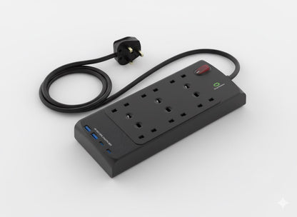 All in 1 Power Center - 6 socket 2m lead with 2xC 2xA and 45W Fast Charge EL6GUSB