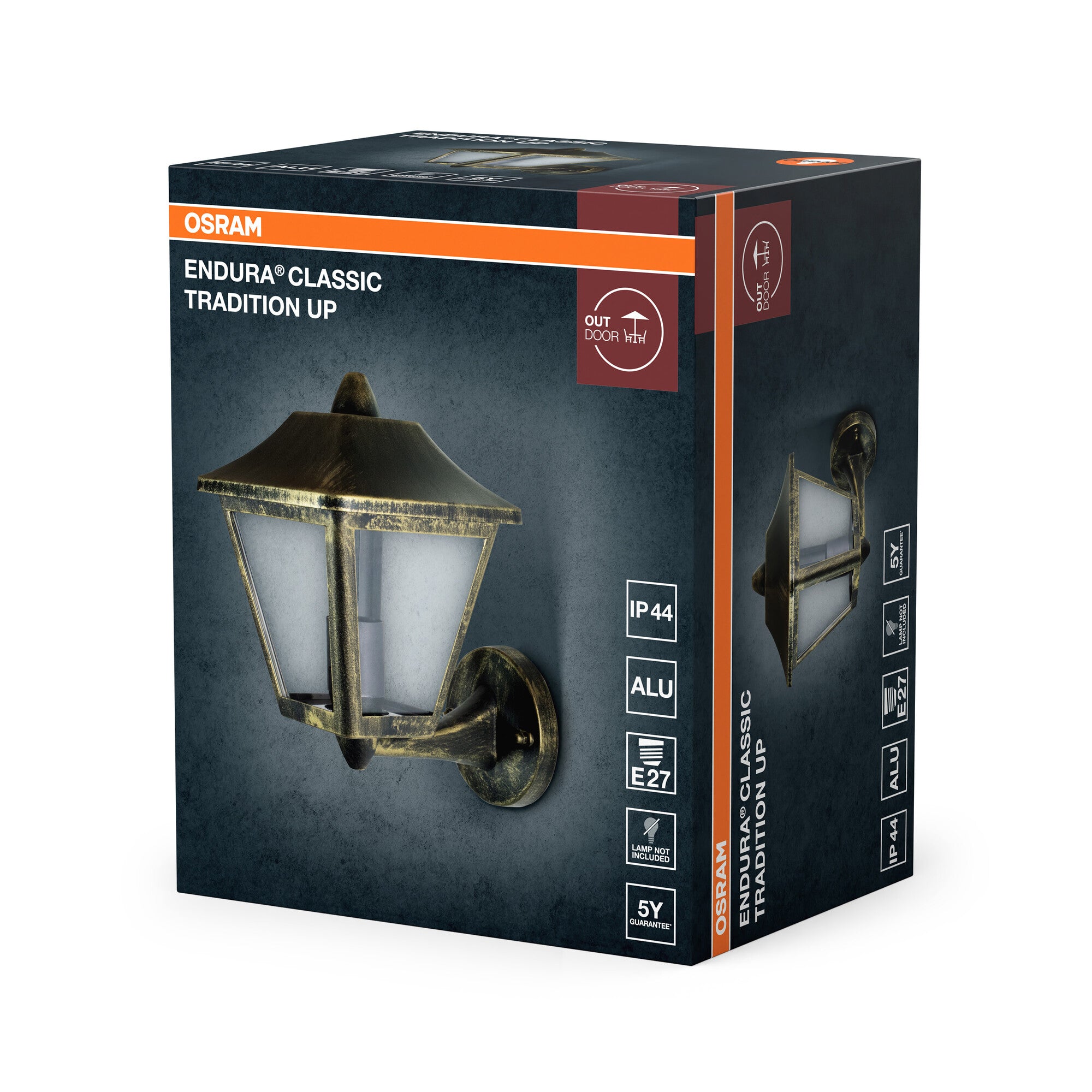 OSRAM Endura Classic Traditional Aluminium E27 Wall Lantern Up Gold – packaging image
