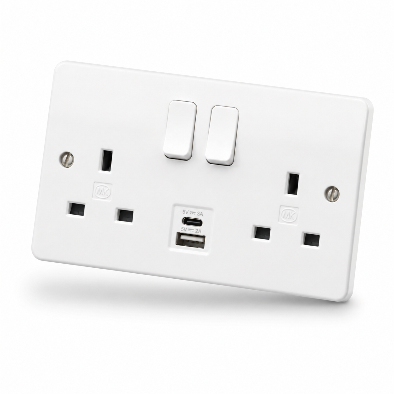 2 Gang 13a Switched socket 1xUSB-C+1xUSB-A Fast Charge Switched Socket MK K2766WHI 30W High Power