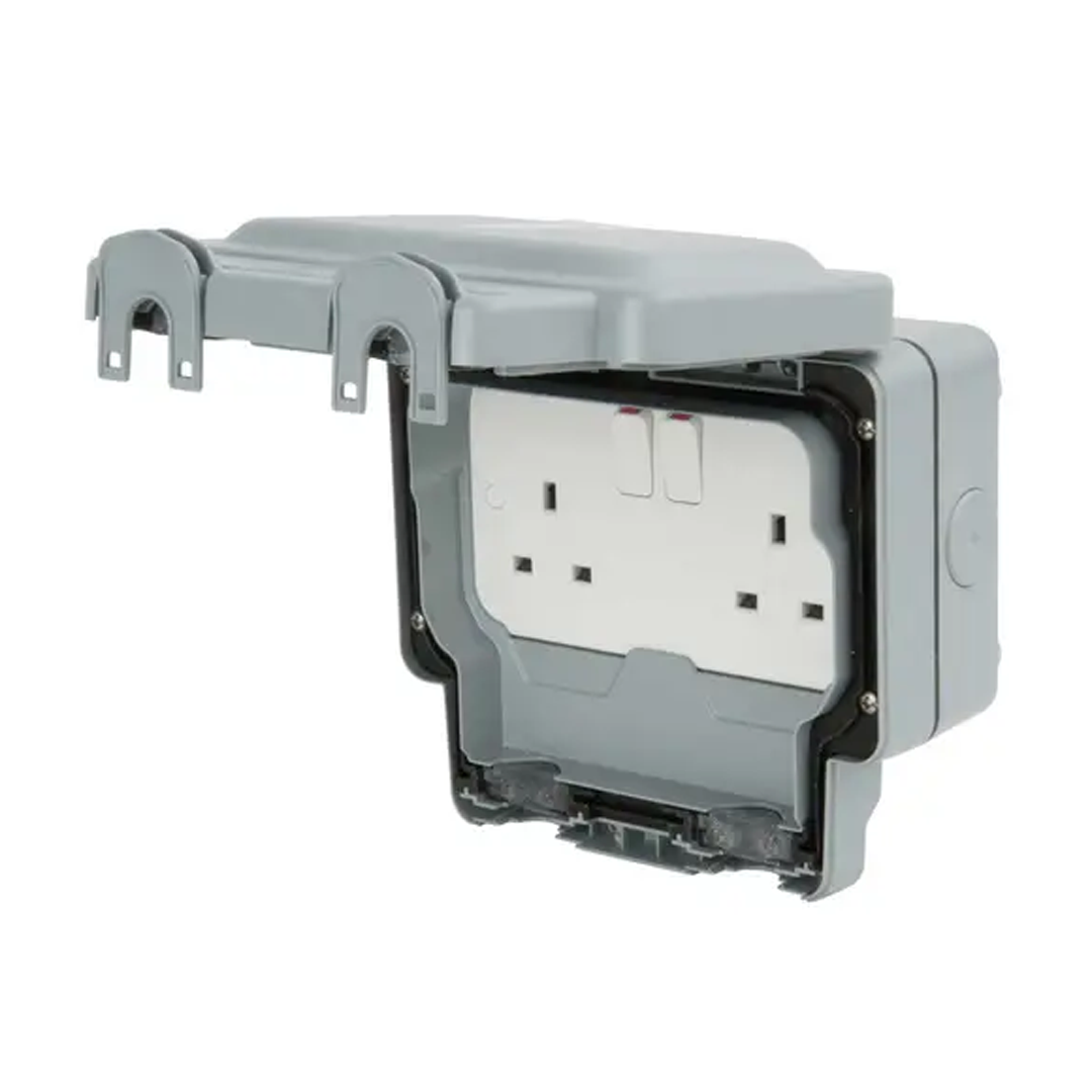 MK Electric - K56482GRY - Masterseal Plus 2 Gang IP66 Switched Weatherproof Socket Outlet Grey - product image