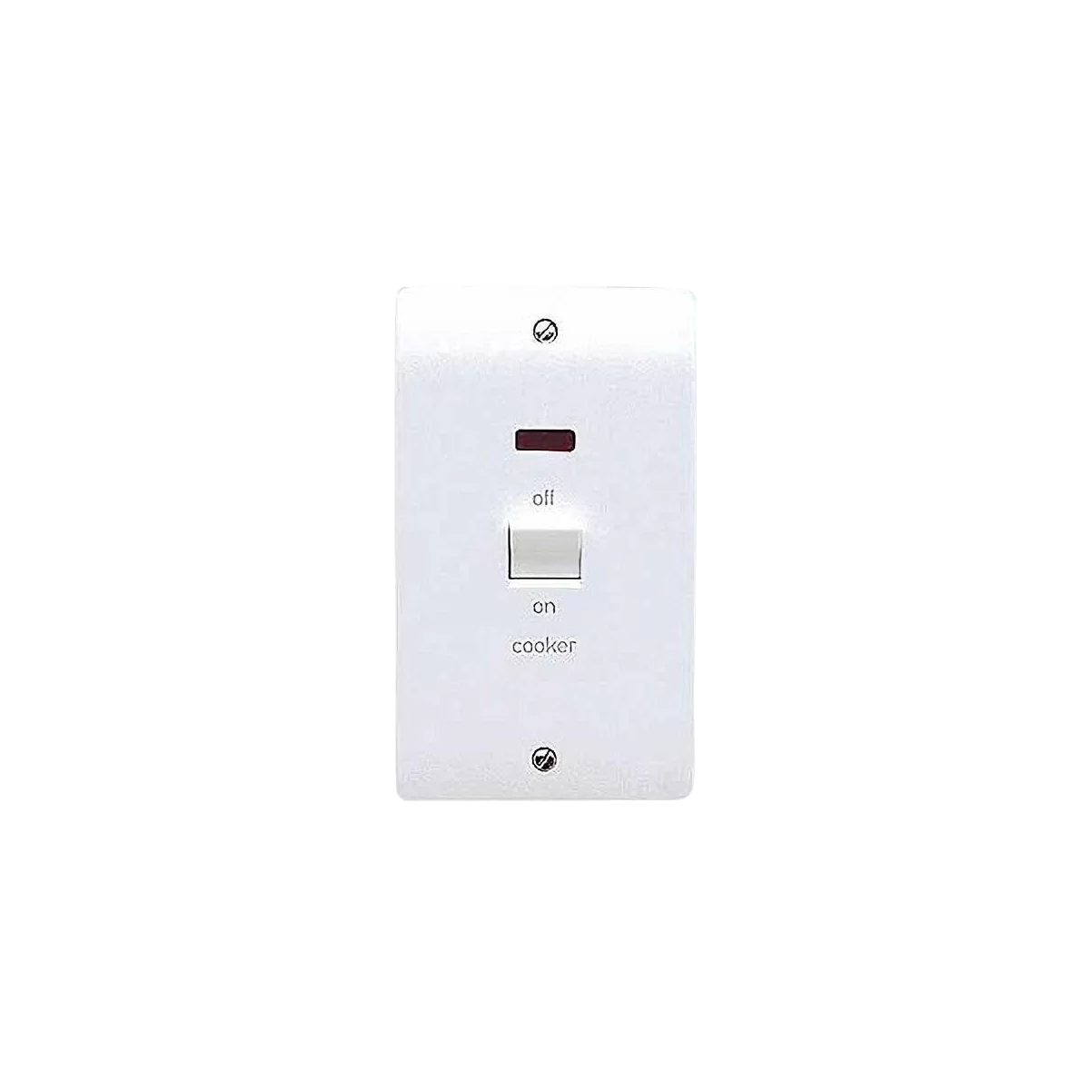 MK Electric K5215CKWHI Logic Plus White Moulded Double Pole Switch With Neon Marked COOKER On Large Vertical Plate 50A - product image